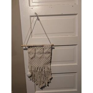 Boho Macrame Wall Hanging Cream Cotton Fringe Diamond Pattern Textile Art Decor